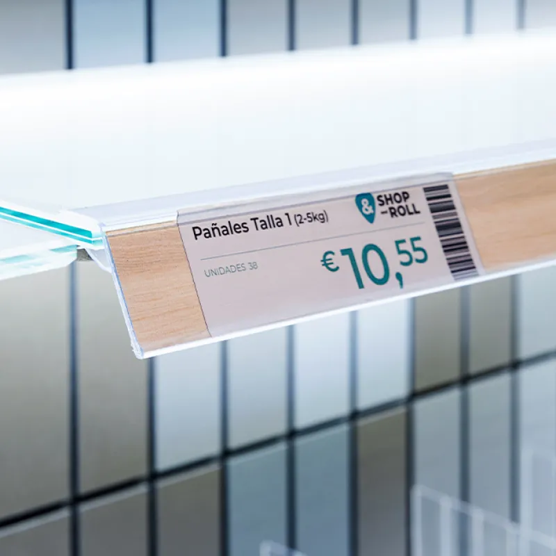 Perfil balda de cristal h30mm etiqueta precio + tira balda madera